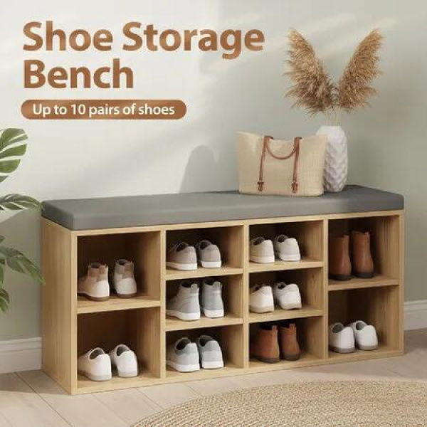 Shoe Rack Storage Bench Seat Cushion Entryway Footwear Organiser Cupboard Shelf Box Wooden Hallway Mudroom Closet Furniture 10 Compartments Cabinet