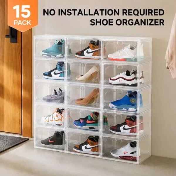 Shoe Storage Box 15PCS Sneaker Display Case Rack Large Clear Plastic Container Stackable Organiser Unit Cabinet Transparent Closet Footwear Bin Holder