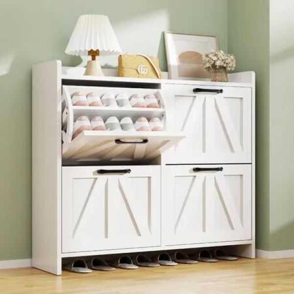 Shoe Storage Cabinet Rack Drawers Entryway Hallway Cupboard Narrow Slim Wide Footwear Organiser Shelf Table Stand 4 Door Modern Closet Furniture White