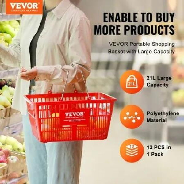 Shopping Basket Set of 12 21L Durable Plastic Grocery Basket with Metal Handle and Stand 425 x 305 x 218 mm Portable Shop Basket Bulk Used