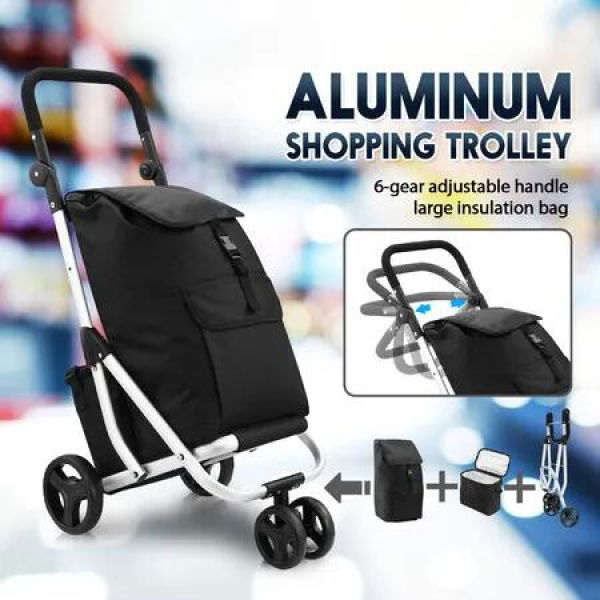 Shopping Cart Trolley Insulation Bag Dolly Aluminium Waterproof Wheeled Storage Foldable Grocery Market Utility Granny Silent Rolling Wheels 45L