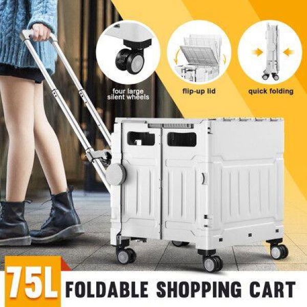 Shopping Trolley Cart Foldable Wheeled Utility Folding Crate Grocery Market Rolling Storage Basket Seat Travel Camping 4 Wheels 75L