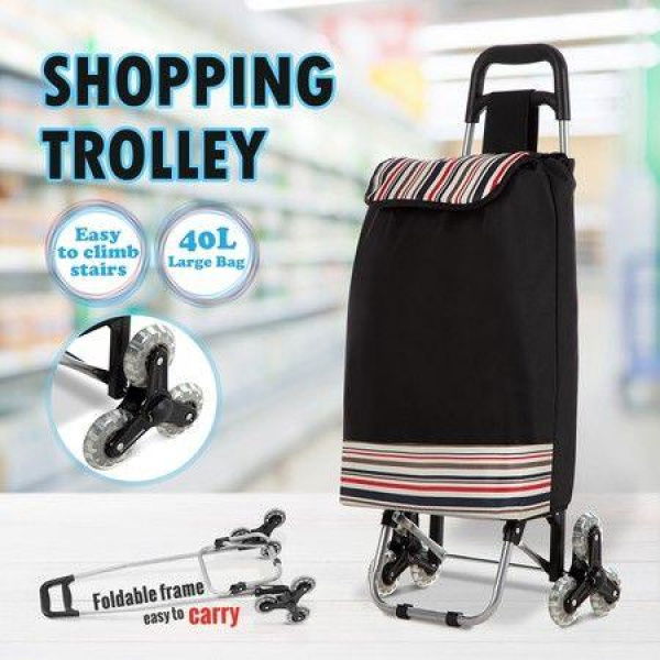 Shopping Trolley Foldable Cart Multi Terrain Aluminium Dolly Grocery Waterproof Storage Bag Tri-Wheel Black