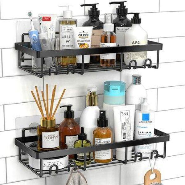 Shower Caddy Shelf Organizer Rack Self-Adhesive Black Bathroom Shelves Basket Home Farmhouse Wall Shower Inside Organization And Storage Decor RV Accessories First Apartment Essentials (2 Pack).