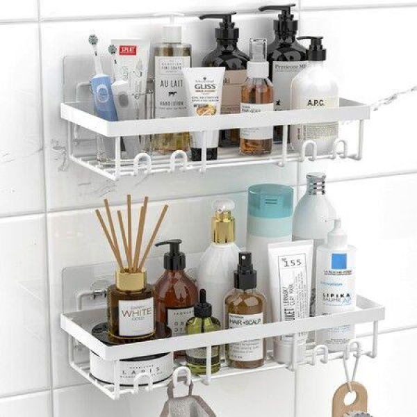 Shower Caddy Shelf Organizer Rack Self-Adhesive White Bathroom Shelves Basket Home Farmhouse Wall Shower Inside Organization And Storage Decor RV Accessories First Apartment Essentials (2 Pack).