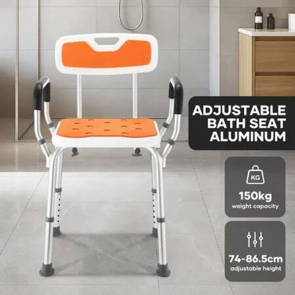 Shower Chair Bath Tub Seat Stool Adjustable Toilet Bathroom Bedside Mobility Raised Seating Furniture Safety Back Armrests for Elderly Senior Disabled