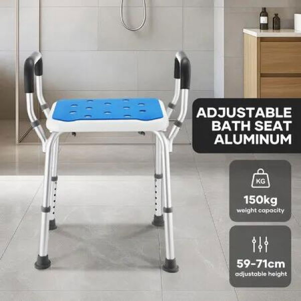 Shower Chair Seat Bath Tub Stool Bathroom Toilet Bedside Mobility Raised Seating Furniture Adjustable Safety Padded Armrests Elderly Seniors Disabled