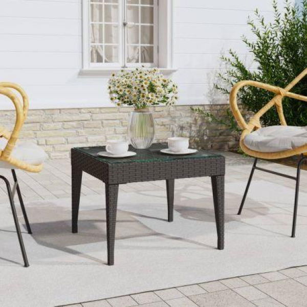 Side Table Black 50x50x38 Cm Poly Rattan And Tempered Glass