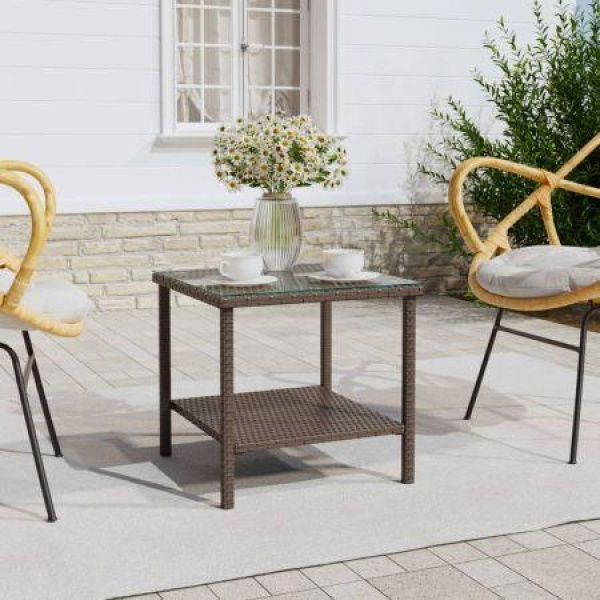 Side Table Brown 45x45x45 Cm Poly Rattan And Tempered Glass