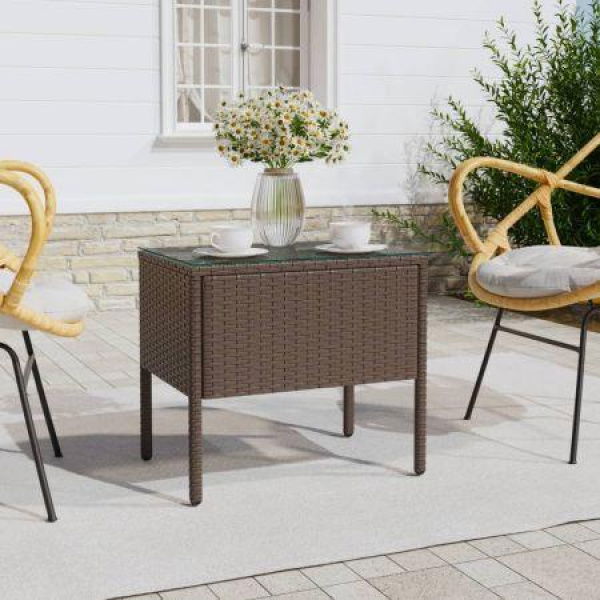 Side Table Brown 53x37x48 Cm Poly Rattan And Tempered Glass