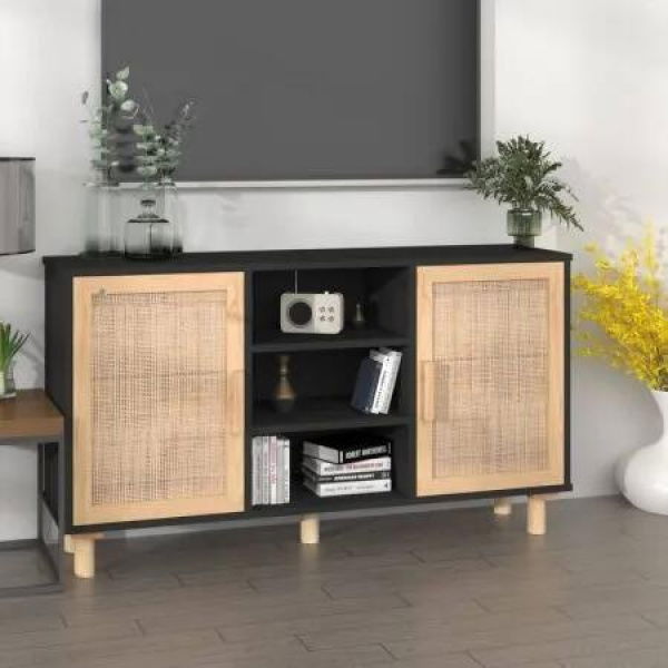 Sideboard Black 105x30x60 cm Solid Wood Pine and Natural Rattan