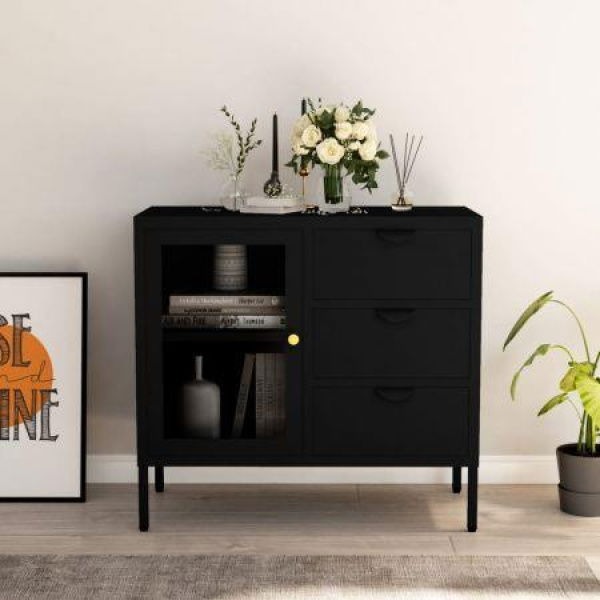 Sideboard Black 75x35x70 Cm Steel And Tempered Glass