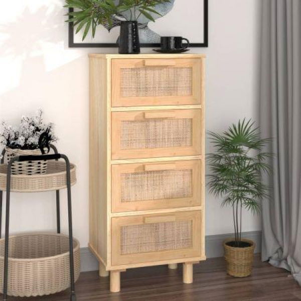 Sideboard Brown 40x30x90 Cm Solid Wood Pine And Natural Rattan