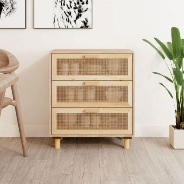 Sideboard Brown 60x30x70 Cm Solid Wood Pine And Natural Rattan