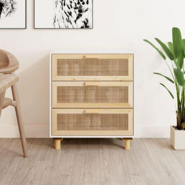 Sideboard White 60x30x70 Cm Solid Wood Pine And Natural Rattan