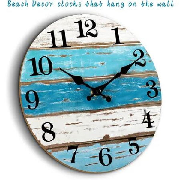 Silent Beach Themed Wall Clock Battery Operated Analog Vintage Round Rustic Coastal Nautical Classic Decorative Home Living Room
