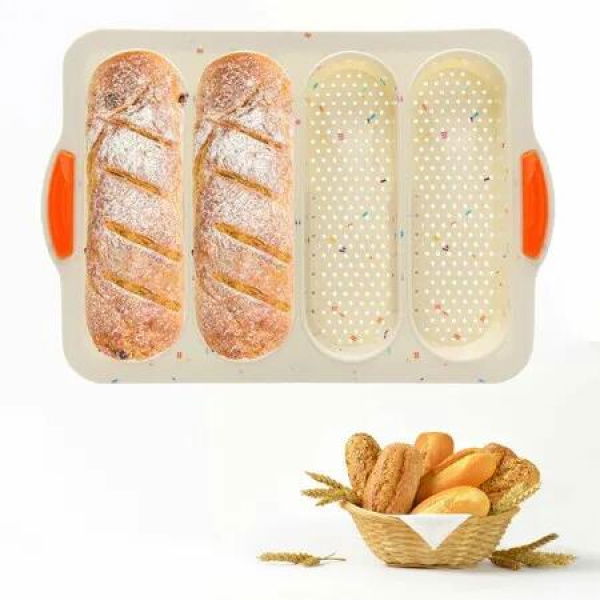 Silicone Bread Loaf Pan, Nonstick Sourdough Loaf Pan & Heat Resistant Baguette Bread Pan, Silicone Molds for Baking Hoagie Rolls Hot Dog Buns (Beige)