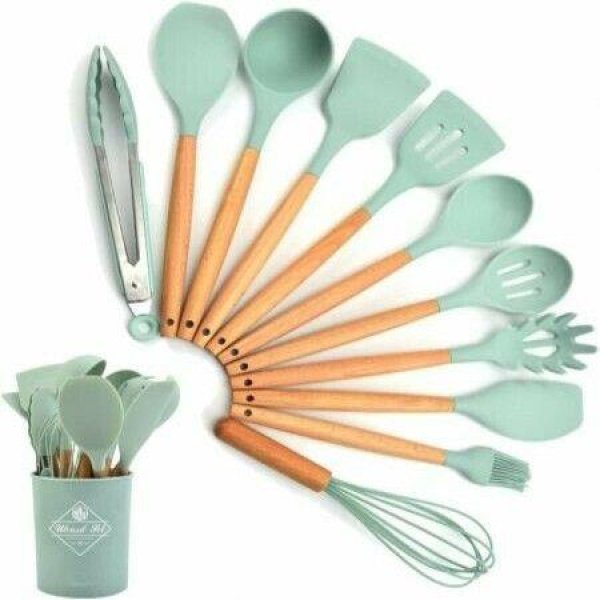 Silicone Cooking Utensil Set - 11 PCS Non-stick Silicone Cooking Utensils Set For Home Or Picnic Wooden Handle Heat Resistant (Green)