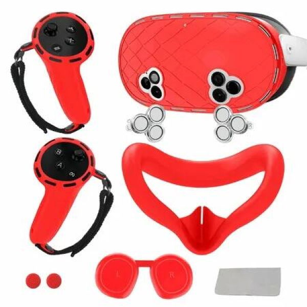 Silicone Cover Set for Meta Quest 3s Accessories,VR Protective Set for Oculus Quest 3s with Face Cover, VR Shell, Controller Grip, Joystick Caps(Red)