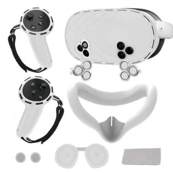 Silicone Cover Set for Meta Quest 3s Accessories,VR Protective Set for Oculus Quest 3s with Face Cover,VR Shell,Controller Grip,Joystick Caps(White Grey)