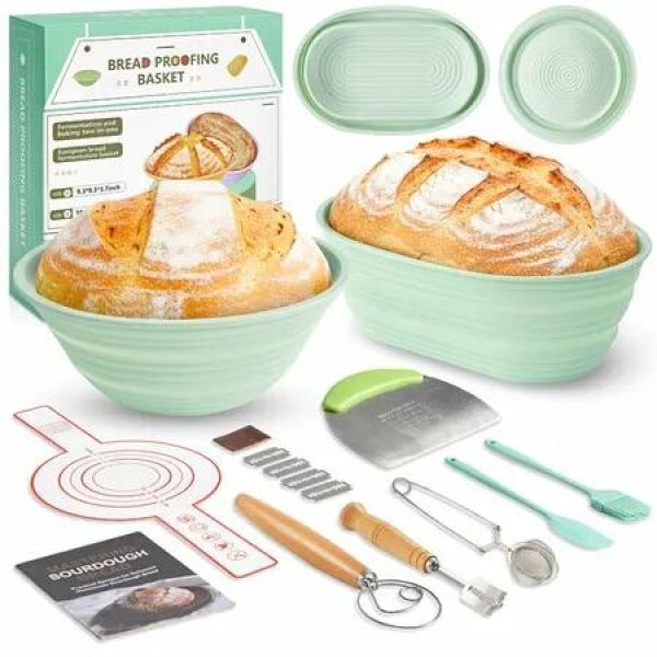 Silicone Sourdough Breads Baking Supplies,Sourdough Starter Kit,Banneton Bread Proofing Basket Set with 9Inch Round & 10Inch val,Artisan Bread Baking Tools