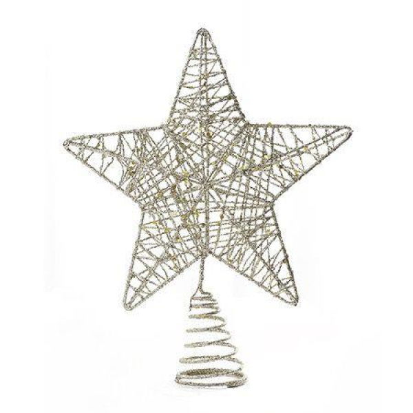 Silver Glittered 3D Tree Top Star with Warm White LED Lights and Timer for Christmas Tree Decoration and Holiday Seasonal DÃ©cor, 8 x 10 Inch