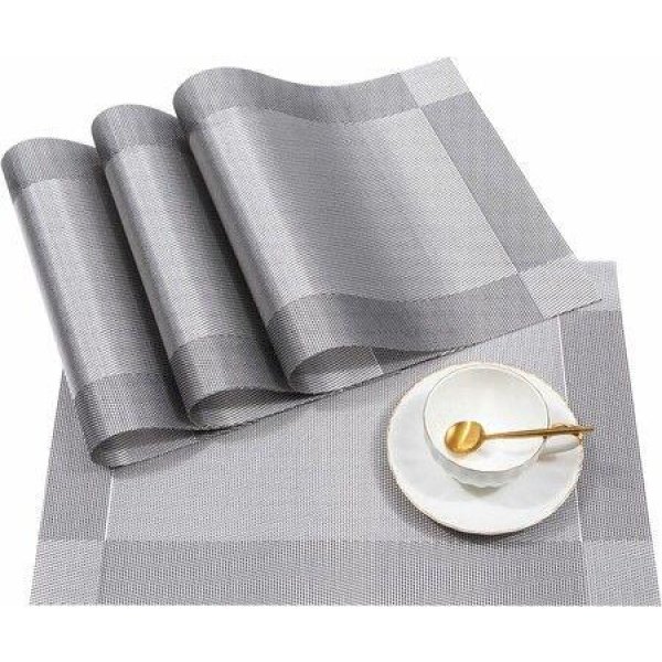 Silver Grey 4 pack 30*45cm Placemats Easy to Clean Plastic Placemat Washable for Kitchen Table Heat - resist and Woven Vinyl Table Mats