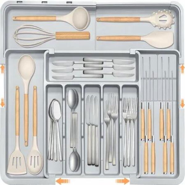 Silverware Organizer Expandable Large Kitchen Drawer Organizer Utensil Organizer with 2 Removable Knife Blocks,Cutlery Tray Drawer Dividers (Grey)