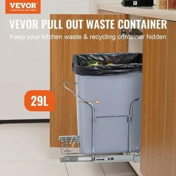 Single Pullout Waste Container Kitchen Trash Can 29L with Handle Grey