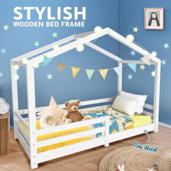 Single Size Bed Frame House Shape Childrens Mattress Base Floor Wooden Bedroom Furniture Platform Foundation with Guard Rail