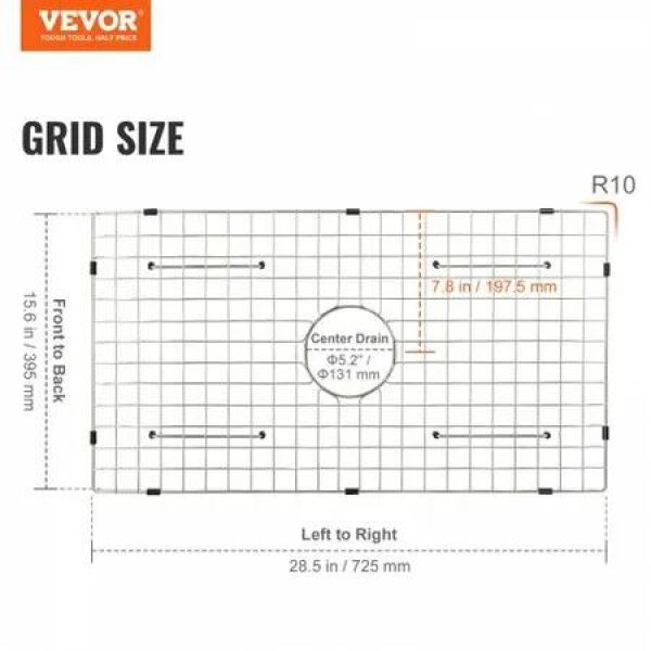 Sink Protector Grid 72.5x39.5 cm Stainless Steel Sink Grates Centered Drain Sink Grates with R20 Corner Radius Large Sink Bottom Grids Universal Bowl Rack