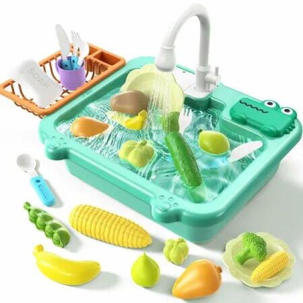 Sink Toy with Running Water, Play Sink with Electric Faucet & Play Kitchen Accessories Pretend Role Play Dishwasher Toys for Kids Ages 3+