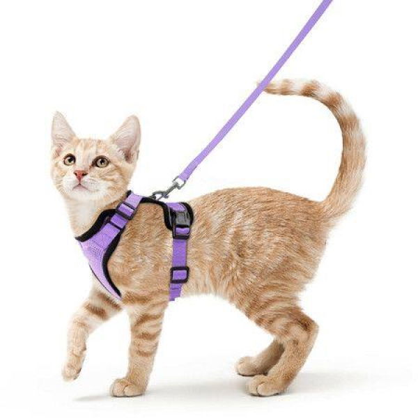 Size S Cat Harness Leash For Walking Escape-Proof Soft Adjustable Easy Control Breathable Reflective Strips Jacket (Purple).