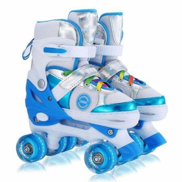 Size M Kids Teens Roller Skates Adjustable 4 Sizes 4 Light Up Wheels For Size 33-37 Col. Blue.