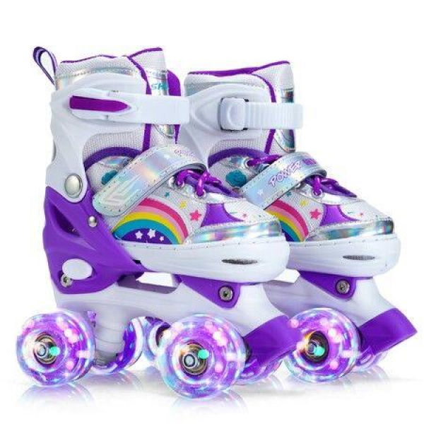 Size M Kids Teens Roller Skates Adjustable 4 Sizes 4 Light Up Wheels For Size 33-37 Col. Purple.