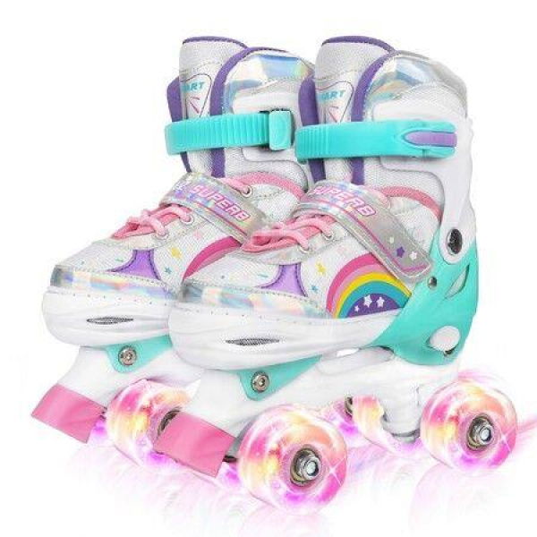 Size Kids Roller Skates Adjustable 4 Sizes 4 Light Up Wheels For Size 26-33 Col. Pink.