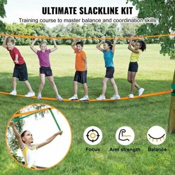 Slackline Kit with Training Line 18.3m Backyard Slack Line Equipment Easy Setup Tight Rope for Kids Adults Complete Slackline Set with Tree Protectors