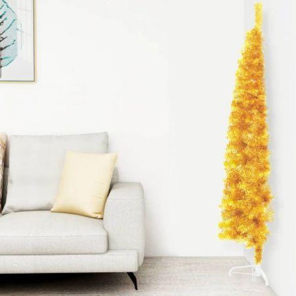 Slim Artificial Half Christmas Tree with Stand Gold 180 cm