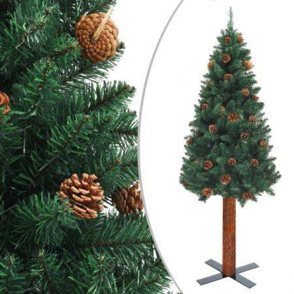 Slim Christmas Tree With Real Wood And Cones Green 180 Cm PVC