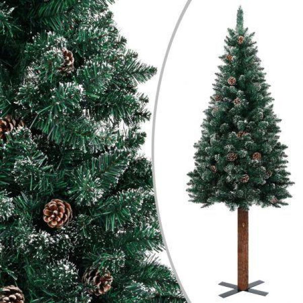 Slim Christmas Tree With Real Wood And White Snow Green 180 Cm