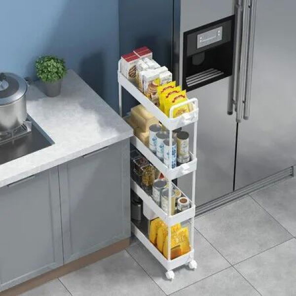 Slim Space-saving Rolling Storage Cart Laundry Room Organization 4 Tiers Shelf Organizer Rack Wheels Bathroom Kitchen Small Dorm Narrow Space White