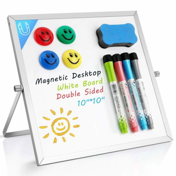 Small Dry Erase Whiteboard - Magnetic Desktop Whiteboard 10 In X 10 In With Stand 4 Markers 4 Magnets & Eraser. Portable Double-Sided Mini Whiteboard Easel.