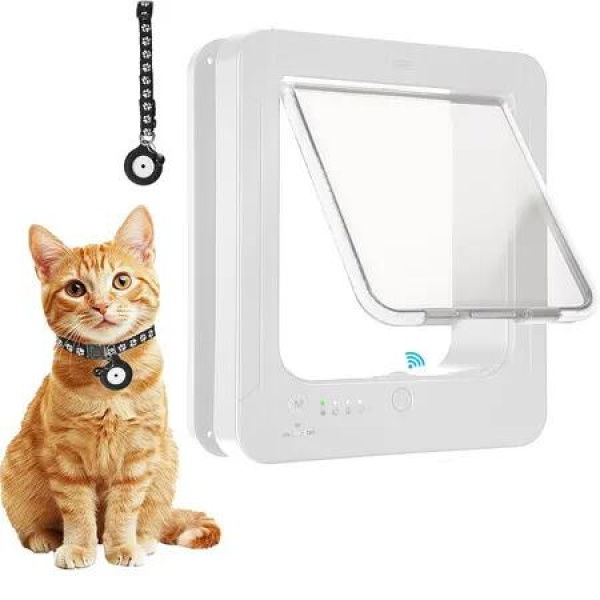 Smart Cat Door for Interior and Exterior, Microchip Cat Pet Door with 4 Way Locking Cat Flap with RFID Collar Activated Opening Cat Door, White