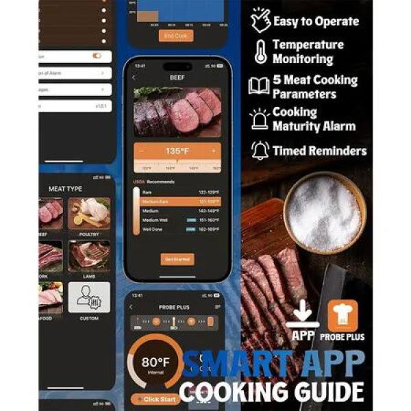 Smart Meat Thermometer with 150 Meters Range for Accurate Temperature Monitoring in Kitchens, Grills, Ovens