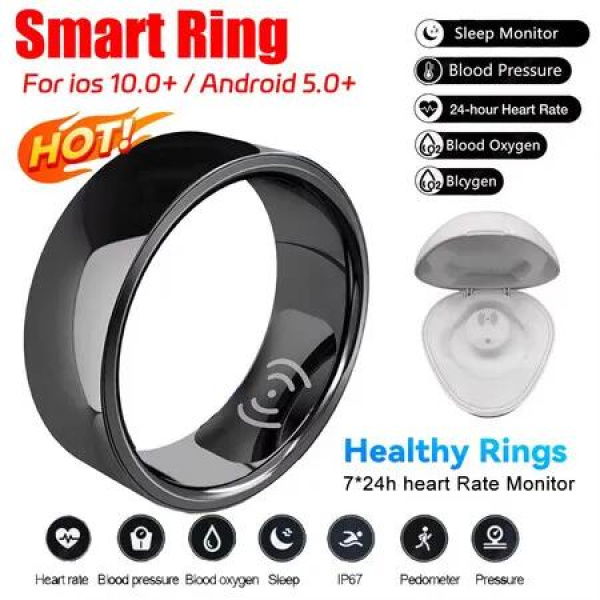 Smart Ring for Men Women, Step Tracker, Sleep Tracker, Body Stress Monitor, Free APP with Android and iOS Size 17