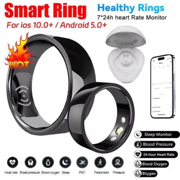 Smart Ring for Men Women, Step Tracker, Sleep Tracker, Body Stress Monitor, Free APP with Android and iOS Size 22