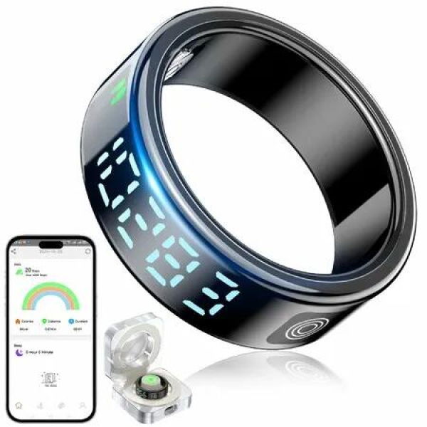 Smart Ring for Women Men,Fitness Tracker Ring with LED Display Screen,IP68 Waterproof Fitness Ring with Sleep Tracker,Charging Case(Black,9#)
