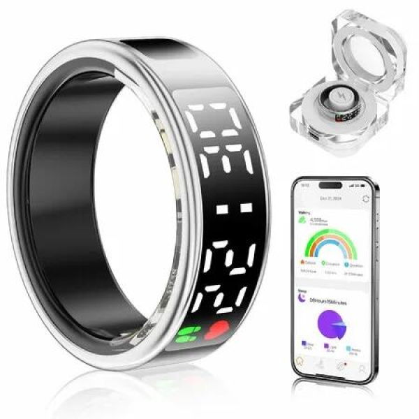 Smart Ring Tracker with Display Screen & Touch Button,Bluetooth Connection for Women Men,Fitness Tracker Sleep Monitoring Waterproof(Silver-12#)