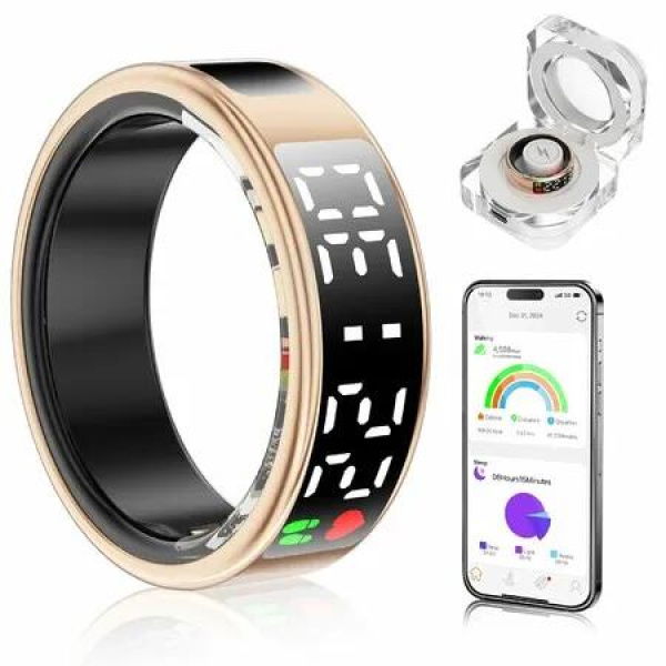 Smart Ring with Display Screen & Touch Button,Bluetooth Connection for Women Men,Fitness Tracker Sleep Monitoring Waterproof(Gold-10#)