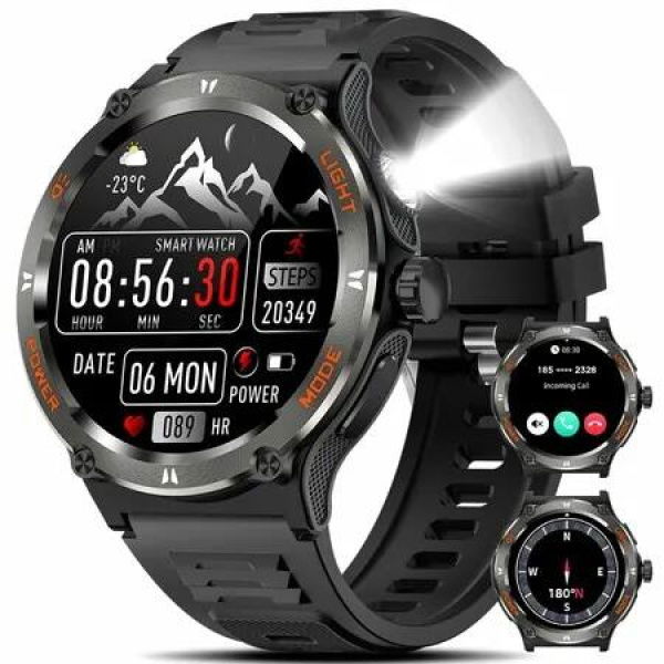 Smart Watch for Men, 1.53 Smartwatch with LED Strong Light 3ATM Waterproof Fitness Tracker with Compass, 100+ Sports Modes for Android iOS(Black)